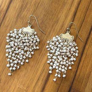 Gold and White Beaded Dangle Earrings